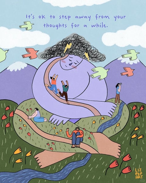 The image is a flat, illustrative artwork with a soft, textured finish reminiscent of gouache or digital painting with a subtle grain. The composition centers on a large, stylized figure with a lavender-purple body, a serene facial expression, and a head of chaotic, scribbled black lines resembling tangled thoughts, from which two yellow lightning bolts emanate. This central figure's elongated, ribbon-like arms and legs form winding pathways across a green, hilly landscape dotted with red and yellow flowers. Small human figures interact with these pathways: two are joyfully sliding down an arm, one sits peacefully on a leg, another is perched on a hill taking a photo, and one lies on a grassy slope. The scene is framed by purple mountains with snow-capped peaks under a light blue sky with fluffy white clouds, and several stylized birds in green and orange fly throughout. The color palette is soft and muted, dominated by lavender, sage green, and dusty blue, with accents of warm orange and red, creating a calm, low-contrast, and harmonious visual. The lighting is flat and even, with no strong directional shadows, contributing to a gentle, dreamlike atmosphere. The shapes are predominantly organic and curvilinear, with soft edges and a consistent, medium-weight outline. Visible text in a handwritten, purple font at the top reads, "It's ok to step away from your thoughts for a while," which anchors the image's thematic focus on mental respite and mindfulness. The overall mood is tranquil, introspective, and reassuring, with a visual weight balanced between the large central figure and the active, smaller elements in the landscape.