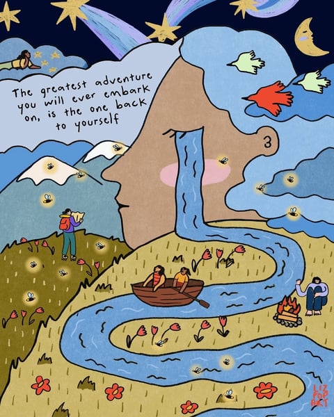 The image is a whimsical, illustrative artwork with a flat, hand-drawn aesthetic, featuring a surreal landscape where a large, profile view of a human face forms the central landmass, with a waterfall cascading from its eye down into a winding river. The composition is layered and dreamlike, with a night sky at the top containing stylized stars, a crescent moon, and shooting stars, transitioning into clouds and mountains. The scene includes small human figures: one standing on a grassy hill reading a map, two people rowing a boat on the river, one sitting by a campfire, and one lying on a cloud. The color language uses a muted yet vibrant palette with dominant blues, earthy browns, soft greens, and pops of red and yellow, creating a calm, nostalgic mood with medium saturation and gentle contrast. Lighting is soft and ambient, with glowing fireflies adding points of warm light throughout the landscape. Textures are rendered with a grainy, paper-like quality, using simple line work and flat color fills with minimal shading, giving a tactile, handcrafted feel. The composition uses a winding river to guide the eye through the scene, creating depth through overlapping elements and scale variation. Shape language is predominantly organic, with flowing lines for clouds, water, and the facial profile, contrasted by simpler geometric shapes for the boat and campfire. The overall atmosphere is introspective, peaceful, and imaginative, evoking a sense of journey and self-discovery.