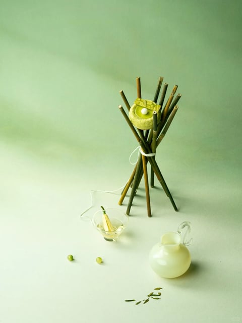 The image presents a minimalist, artfully composed still life set against a soft, gradient background that transitions from a pale mint green at the top to a near-white at the bottom. The central subject is a delicate, cylindrical green pastry, possibly a matcha or pistachio-flavored dessert, adorned with a translucent, ruffled green garnish and a single white pearl-like sphere on top. This pastry is elevated on a unique stand constructed from several thin, dark brown wooden sticks or reeds, tied together with a white string, creating an organic, tripod-like structure. Below and to the left, a small, clear glass dish with a wavy, irregular rim holds a single, pale yellow edible flower petal. To the right sits a small, opaque, pale green ceramic pitcher with a curved glass handle. Scattered on the surface are two small green peas and a few loose, dark green tea leaves. The visual aesthetic is clean, elegant, and highly stylized, with a photorealistic rendering that emphasizes texture and form. The color language is dominated by a monochromatic scheme of soft greens, accented by the dark brown of the sticks, the white of the string and pearl, and the pale yellow of the petal, all rendered with low saturation and gentle contrast. The lighting is soft and diffused, appearing to come from the upper left, casting subtle, elongated shadows that enhance the three-dimensional quality without creating harsh lines. Textures are carefully rendered: the porous, cake-like surface of the pastry, the smooth, matte finish of the ceramic pitcher, the glossy transparency of the glass, and the natural, fibrous texture of the wooden sticks. The composition is asymmetrical and balanced, using negative space effectively to draw focus to the elevated pastry, with a shallow depth of field that keeps the foreground elements sharp against the softly blurred background. The shape language combines organic forms (the pastry, sticks, petals) with geometric simplicity (the cylindrical dessert, spherical pitcher), featuring clean edges and smooth curves. The overall mood is serene, sophisticated, and contemplative, evoking a sense of calm, natural elegance with a low-energy, refined atmosphere. There is no visible text in the image.