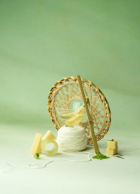 This is a still life image with a minimalist, serene aesthetic, composed in a studio setting against a soft, muted sage green background that gradients gently from a lighter tone at the bottom to a slightly deeper hue at the top. The central composition features a large, circular woven bamboo or rattan basket leaning upright, its intricate lattice pattern creating a textured backdrop. In front of it sits a clear glass vessel filled with a pale yellow liquid and delicate, wispy yellow petals or strands. This glass rests upon a large, tightly wound ball of off-white cotton string, with a loose strand trailing across the foreground. To the left of the string ball are geometric shapes: a pale yellow triangular prism, a translucent yellow torus (donut shape), and a small, glossy green marble. To the right, a stack of two small, pale yellow cubes sits near a pile of vibrant green matcha powder, with a few dark green tea leaves scattered nearby. A long, smooth wooden stick, resembling a matcha whisk handle, leans diagonally against the basket, its tip resting in the green powder. The lighting is soft, diffused, and directional from the left, casting gentle, elongated shadows to the right, enhancing the three-dimensional forms and creating a calm, tranquil mood. The overall color palette is a harmonious blend of natural, desaturated tones—sage green, pale yellow, off-white, and warm wood—punctuated by the vivid green of the matcha. The visual style is clean, photographic, and tactile, emphasizing the organic textures of the woven basket, the fibrous string, the smooth glass, and the powdery matcha. There is no visible text in the image.