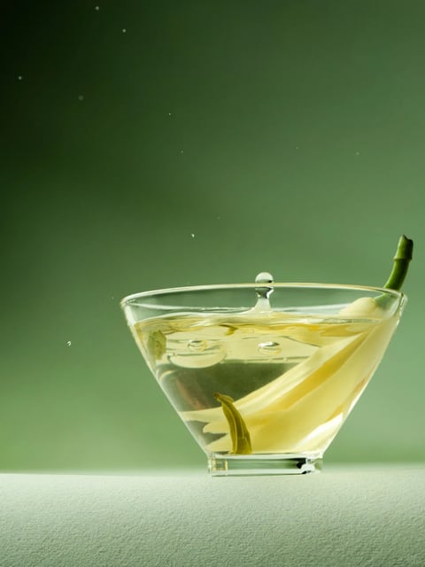The image presents a highly detailed, photorealistic still life centered on a clear, conical glass vessel filled with pale yellow liquid, likely tea, with a single white lily submerged within it. The composition is tightly framed, focusing on the glass and its contents against a smooth, gradient green background that transitions from a deeper forest green at the top to a lighter, muted sage at the bottom. A dynamic water droplet is captured mid-splash above the liquid's surface, creating a small crown and ripples, while tiny air bubbles cling to the submerged flower petals and glass interior. The lighting is soft and directional, appearing to come from the upper left, casting gentle highlights on the glass rim and water surface, and creating subtle shadows that enhance the three-dimensional form. The visual aesthetic is clean and minimalist, with a focus on the interplay of transparency, refraction, and organic forms. The color palette is dominated by cool, muted greens and the warm, translucent yellow of the liquid, with high contrast between the bright highlights on the glass and the deeper background tones. Textures are rendered with precision: the smooth, hard surface of the glass, the delicate, waxy petals of the lily, and the fluid, reflective quality of the water. The shape language combines the geometric, sharp lines of the glass vessel with the soft, organic curves of the flower and water droplets. There is no visible text in the image. The overall mood is serene, fresh, and slightly ethereal, evoking a sense of purity and natural calm.