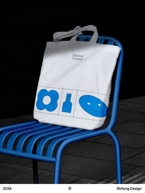 The image features a white canvas tote bag resting on a bright blue metal chair, set against a dark, shadowy background that emphasizes the subject through high contrast. The composition is a close-up, slightly angled shot that focuses on the bag's design, with the chair's curved slats and legs framing the lower portion. The bag displays a minimalist graphic design in a vibrant cobalt blue, consisting of three distinct icons arranged horizontally within a thin black grid: a stylized flower with a circular center, a simple bottle shape, and a smiling oval face. Above this graphic, near the top of the bag, the text 'Bloomy Corner' is printed in a clean, black serif font, split across two lines. The visual aesthetic is modern and illustrative, with flat, bold shapes and crisp edges, rendered in a photorealistic style that captures the fabric's subtle wrinkles and the chair's smooth, painted metal texture. The color language is dominated by a stark contrast between the pure white of the bag, the vivid cobalt blue of the graphics and chair, and the deep black background, creating a high-saturation, cool-toned palette with sharp tonal transitions. Lighting appears to come from the upper left, casting soft shadows on the bag's folds and beneath the chair, adding depth while maintaining a clean, studio-like quality. The mood is playful yet sophisticated, with the cheerful smiley face and organic flower shape balancing the geometric grid and bottle icon, resulting in a visually balanced and contemporary design presentation.