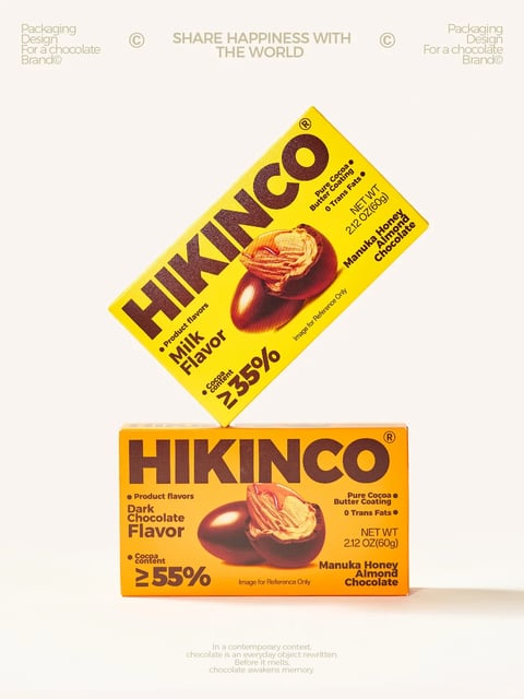 The image displays a product packaging design for a chocolate brand named 'HIKINCO', featuring two rectangular boxes against a plain, off-white background. The composition is dynamic, with one box angled diagonally, appearing to float above the other which sits horizontally. The top box is a vibrant yellow, while the bottom box is a warm orange. Both boxes share a consistent design layout with bold, dark brown, sans-serif typography for the brand name 'HIKINCO' prominently placed at the top. Below the brand name, the text 'Product flavors' is followed by the specific variety: 'Milk Flavor' on the yellow box and 'Dark Chocolate Flavor' on the orange box. A central photographic element on each box shows a glossy, dark chocolate-covered almond, with one almond cut open to reveal the nut inside. Additional text includes 'Cocoa content ≥35%' on the yellow box and '≥55%' on the orange box, along with 'Pure Cocoa Butter Coating', '0 Trans Fats', 'NET WT 2.12 OZ(60g)', and 'Manuka Honey Almond Chocolate'. The text is primarily in English, using a mix of bold and regular sans-serif fonts. The packaging has a clean, modern, and commercial style, with a matte finish on the cardboard boxes and a glossy, realistic finish on the chocolate imagery. The overall aesthetic is bright, appetizing, and designed for retail appeal, suggesting a contemporary consumer product context.