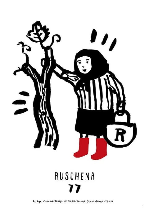 The image is a stylized, flat illustration featuring a woman interacting with a gnarled, abstract tree. The composition is centered on these two main subjects against a plain white background, with the woman on the right reaching towards the tree on the left. The visual aesthetic is hand-drawn and illustrative, characterized by bold, uneven black ink lines and solid color fills, reminiscent of a woodcut or naive art style. The color language is stark and limited, dominated by high-contrast black and white, with strategic pops of saturated red on the woman's boots and a single small red detail on the tree, creating a focal point. Lighting is implied through the flat color application rather than rendered shadows, contributing to a graphic, two-dimensional feel. Texture is minimal, conveyed primarily through the rough, organic quality of the linework, which suggests a handcrafted, tactile surface. The composition is simple and direct, with the figures occupying the central space and no background depth, emphasizing their interaction. Shape language combines organic, twisting forms in the tree with more geometric, blocky shapes in the woman's clothing and bag. The mood is whimsical and slightly surreal, with a playful energy conveyed through the exaggerated forms and the woman's expressive gesture. Visible text includes the word "RUSCHENA" in a bold, hand-lettered sans-serif font centered below the illustration, the number "77" beneath it, and a smaller line of text at the very bottom reading "Az. Agr. Cascina Tavijn di Nadia Verrua, Scursolengo - Italia," which appears to be a brand or origin label, grounding the artwork in a specific, possibly artisanal, context.