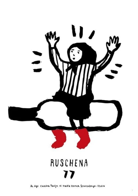 The image features a stylized, hand-drawn illustration of a figure with dark hair, wearing a black-and-white vertically striped shirt and a black skirt, sitting atop a large, outlined black bottle. The figure's arms are raised high with open hands, and its feet are depicted as bright red, sock-like shapes dangling below the bottle. The composition is centered on a plain white background, with small black dash marks radiating around the figure's head and arms, suggesting movement or excitement. The visual aesthetic is a flat, illustrative style with bold, uneven black ink-like lines and minimal shading, creating a playful, folk-art-inspired feel. The color language is starkly high-contrast, dominated by black and white with a single, saturated pop of red for the feet, resulting in a graphic, eye-catching palette. Lighting is flat and non-directional, with no shadows, emphasizing the 2D graphic quality. Texture appears smooth and paper-like, with the line work suggesting a hand-drawn, slightly rough tactile impression. The composition is symmetrical and centered, with the bottle forming a strong horizontal base and the figure creating vertical upward energy. Shape language combines organic, hand-drawn forms for the figure with the geometric, simplified outline of the bottle, using varied line weights that are thick and expressive. The mood is energetic, whimsical, and celebratory, conveyed through the figure's dynamic pose and the radiating marks. Visible text appears below the illustration: the word "RUSCHENA" in a bold, slightly irregular sans-serif font, the number "77" beneath it, and a smaller line of text at the very bottom reading "Az. Agr. Cascina Tavijn di Nadia Verrua, Scursolengo - Italia," which identifies a producer and location, grounding the image as likely a label or promotional graphic for a product.
