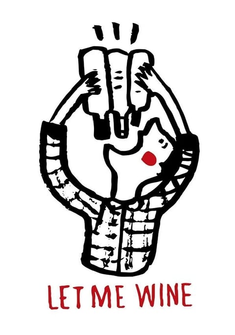 The image is a stark, illustrative composition centered on a stylized hand making an 'OK' gesture, rendered in a bold, graphic style. The hand is depicted with thick, uneven black outlines and a distressed, textured fill that suggests a rough, screen-printed or stamped quality, with visible ink bleed and imperfections. The gesture itself is cleverly designed: the thumb and index finger form a circular opening that frames a simple, smiling face with a single red dot for a cheek, while the other three fingers are extended upward. Above the fingertips, three small, curved black marks suggest movement or emphasis. The overall aesthetic is flat and two-dimensional, with a high-contrast black-and-white palette punctuated by the single, vibrant red accent on the face. The composition is vertically oriented and tightly framed around the hand, which emerges from a textured, sleeve-like base at the bottom. Below the graphic, the text 'LET ME WINE' is written in a rough, hand-drawn, uppercase sans-serif font in the same vibrant red as the cheek dot, creating a visual and thematic link. The line work is organic and expressive, with variable weight and jagged edges, contributing to a raw, energetic, and slightly rebellious mood. There is no traditional lighting or depth; the visual impact relies entirely on the bold graphic shapes, the stark contrast, and the clever integration of the face within the hand gesture.