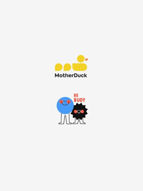 The image presents two distinct, vertically stacked logo designs on a plain off-white background, each exemplifying a playful, illustrative style. The top design is the 'MotherDuck' logo, featuring a minimalist, geometric yellow duck icon composed of rounded shapes (two small ovals for ducklings, a larger oval for the mother, and a circle for her head with an orange beak) positioned above the bold, dark gray sans-serif text 'MotherDuck'. The bottom design showcases two cartoon characters: a large, friendly blue circle with a smiling face, red cheeks, and simple black line-art legs, standing beside a smaller, spiky black shape with a similar smiling face and red cheeks. Above them, the text 'HI BUDY' appears in a playful, uneven red font. The overall visual aesthetic is flat and illustrative, with a vibrant, saturated color palette dominated by primary yellow, blue, and red, contrasted with black and white. The lighting is uniform and flat, typical of vector-style graphics, with no shadows or depth cues. Textures are smooth and solid, emphasizing a clean, digital feel. Compositionally, the elements are centered and balanced, with clear negative space. Shape language combines soft, organic curves (the blue character, duck shapes) with sharp, jagged edges (the black character), all defined by clean lines. The mood is cheerful, friendly, and approachable, conveying a sense of whimsy and simplicity.