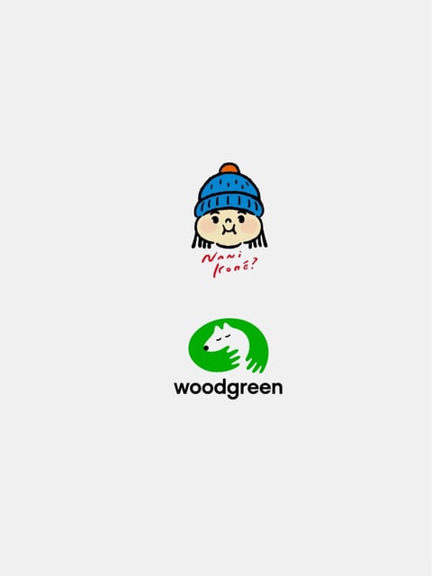 The image presents two distinct, vertically stacked graphic elements against a plain, light gray background. The upper element is a cute, cartoon-style illustration of a character's head, featuring a round face with simple dot eyes, a small 'w'-shaped mouth, and rosy cheeks, framed by straight black hair and topped with a blue knit beanie with an orange pom-pom. Below this character, handwritten-style red text reads 'Nani Kore?'. The lower element is a clean, professional logo consisting of a green circular emblem containing a stylized white animal head (possibly a dog or bear) in profile, with a hand gently cupping its chin, and the word 'woodgreen' in a bold, black, lowercase sans-serif font beneath it. The visual aesthetic is a mix of playful, hand-drawn illustration and modern, flat graphic design. The color language is defined by the primary blue of the hat, the vibrant green of the logo circle, and the stark black text, all set against a neutral, low-saturation background with high contrast. The lighting is flat and graphic, with no directional shading, contributing to a clean, illustrative feel. Texture is minimal, with the illustration suggesting a smooth, digital drawing surface and the logo appearing as a crisp vector graphic. The composition is centered and balanced, with clear vertical separation between the two elements, creating a simple, two-part layout. Shape language combines the soft, organic curves of the cartoon face and logo emblem with the geometric precision of the text. The overall mood is friendly, approachable, and slightly whimsical, blending a casual, personal doodle with a formal brand identity.