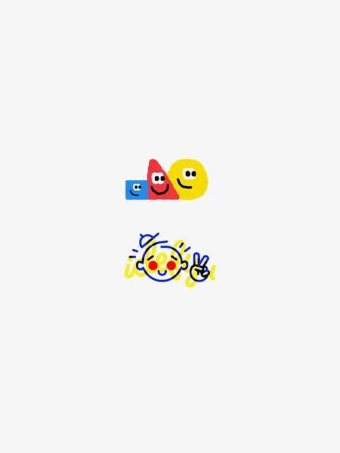 The image features two distinct, playful illustrations centered vertically on a plain white background. The upper illustration depicts three stylized, geometric shapes with simple, smiling faces: a small blue square on the left, a taller red irregular polygon in the middle, and a large yellow circle on the right, all rendered in a flat, childlike doodle style with thick, uneven black outlines and solid, saturated primary colors. The lower illustration shows a cartoonish, circular face with a blue outline, rosy red cheeks, and a small, smiling mouth, accompanied by a hand making a peace sign; this figure is overlaid on a faint, yellow, cursive script that appears to spell 'idea' or similar, though it is partially obscured and decorative rather than strictly readable text. The overall visual aesthetic is hand-drawn and whimsical, employing a flat, 2D illustrative technique with no shading or depth, relying on bold, primary colors (blue, red, yellow) against the stark white background for high contrast. The lighting is uniform and non-directional, typical of flat graphic art, creating a bright, cheerful, and energetic mood. The composition is simple and centered, with ample negative space, while the shape language is a mix of basic geometric forms and loose, organic lines, contributing to a friendly and approachable atmosphere.