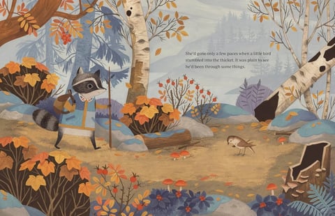 This image is a stylized, illustrative scene depicting a raccoon character in a whimsical, autumnal forest setting. The raccoon, dressed in a blue tunic with a white collar and carrying a walking stick and a small satchel, stands on the left side of the composition, looking towards the right. The scene is rich with autumnal foliage in shades of orange, yellow, and brown, with birch trees featuring white bark and black markings. The ground is covered in fallen leaves, and there are various plants, mushrooms, and a small bird on the right side. The overall composition is balanced, with the raccoon and the bird creating a focal point, framed by trees and foliage. The text in the image reads: 'She'd gone only a few paces when a little bird stumbled into the thicket. It was plain to see he'd been through some things.' This text is positioned in the upper right quadrant, integrated into the background, and provides narrative context. The visual aesthetic is painterly and illustrative, with a soft, textured rendering style that suggests a children's book illustration. The color language is dominated by warm, earthy tones—ochre, burnt orange, and muted greens—contrasted with cool blues in the clothing and background elements, creating a cozy, autumnal palette with moderate saturation and soft contrast. The lighting appears diffused and even, suggesting an overcast day or shaded forest, with no harsh shadows, contributing to a gentle, serene mood. Texture is rendered with visible brushstrokes and a slightly grainy, tactile quality, especially in the foliage and fur. The composition uses a shallow depth of field, with foreground elements like leaves and mushrooms sharply defined, while the background trees and mountains are softer, creating a sense of depth. Shape language is predominantly organic, with curving lines for plants and animals, and softer edges, though the birch trees provide some vertical, geometric structure. The overall mood is calm, narrative, and slightly melancholic, evoking a storybook atmosphere of quiet exploration and gentle encounter.