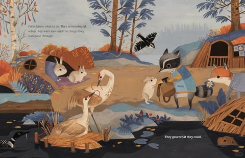 This image is a whimsical, illustrative scene depicting a community of anthropomorphic animals in a forest setting, rendered in a flat, painterly style with visible brushstrokes and textured details. The composition is a wide, horizontal landscape featuring a riverbank with several animal characters engaged in acts of giving and receiving. In the foreground, a black-and-white loon floats on dark water, while two large, elegant cranes with red facial markings and long beaks stand on a woven mat, one holding a red thread. To the left, a rabbit family emerges from a cozy, patterned burrow entrance, and to the right, a raccoon in a blue patchwork apron hands a small bag to a standing rabbit, while a fox in a grey dress holds a flower. The background includes stylized trees with blue foliage, a small wooden cabin, and rolling hills under a muted, overcast sky. The color language is dominated by a muted, earthy palette of soft browns, tans, and greys, punctuated by vibrant accents of teal blue, burnt orange, and deep red, with low saturation and gentle contrast that creates a calm, autumnal feel. Lighting is soft and diffused, with no harsh shadows, suggesting an overcast day and contributing to a serene, gentle mood. Textures are rendered with a tactile, hand-painted quality, from the feathery details of the birds to the woven patterns on the burrow and the patchwork on the raccoon's apron. The composition uses a layered, horizontal arrangement to create depth, with the river in the foreground, the main animal interactions in the middle ground, and the forest and hills in the background. Shape language is organic and flowing, with soft curves and rounded forms dominating the animal characters and natural elements, while the man-made structures like the cabin have slightly more geometric but still softened edges. The overall mood is warm, communal, and gently nostalgic, emphasizing themes of generosity and shared memory. Visible text in the image includes two phrases: in the upper left, the text reads, "Folks knew what to do. They remembered when they were new and the things they had gone through," and in the lower right, it reads, "They gave what they could." This text, in a simple serif font, is integrated into the scene and reinforces the narrative of community and kindness.