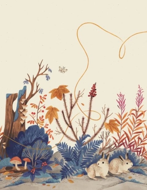 This image is a whimsical, illustrative artwork depicting a serene, stylized forest floor scene. The composition centers on a cluster of flora and fauna, with two small, light-brown rabbits in the lower right foreground as the primary subjects, facing left. The scene is densely populated with stylized plants: deep blue ferns and leafy bushes occupy the lower left, while tall, slender stalks with reddish-brown and pinkish plumes rise on the right. Scattered throughout are autumnal elements like golden-brown maple-like leaves and small red berries. A weathered tree stump with shelf fungi sits on the left, and a delicate, bare branch extends upward. A thin, looping orange line, resembling a thread or vine, meanders through the upper half of the composition, culminating in a small, sketched butterfly. The visual aesthetic is flat and illustrative, reminiscent of a gouache or digital painting with a handcrafted feel, featuring clean outlines and subtle texture. The color language is a muted, earthy palette dominated by deep teals, warm browns, ochres, and dusty pinks, with low saturation and soft contrast. Lighting is even and diffuse, suggesting an overcast day with no strong directional shadows, contributing to a calm, gentle mood. Textures are rendered with a painterly touch, showing visible brushstroke-like patterns on leaves and fur. The composition uses a shallow depth of field, with the foreground elements sharply defined against a plain, off-white background, creating a layered, collage-like spatial arrangement. Shape language is predominantly organic, with curving lines for plants and animals, and the overall atmosphere is tranquil, nostalgic, and slightly magical. There is no visible text in the image.