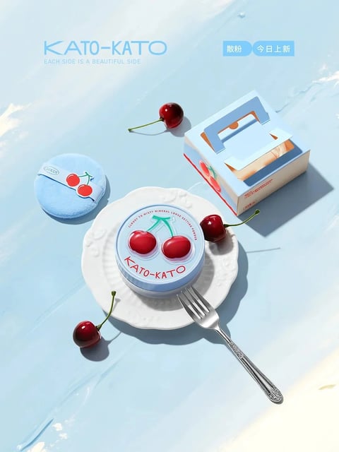The image presents a stylized product photograph centered on a KATO-KATO brand loose setting powder, designed with a playful cherry motif. The main subject is a round, light blue compact with a raised, glossy red cherry illustration on its lid, placed on a white, ornate ceramic plate. To its left lies a matching light blue powder puff adorned with a cherry graphic, and to its right, a silver fork rests on the plate. Scattered around are three realistic, dark red cherries with green stems. In the upper right, a light blue and white product box with a handle is partially open. The composition is arranged on a soft, light blue surface with subtle, wavy textures resembling water or fabric, creating a clean, airy scene with a top-down, slightly angled perspective. Visible text includes the brand name 'KATO-KATO' in bold red letters on the compact lid and in light blue at the top left of the image, accompanied by the English tagline 'EACH SIDE IS A BEAUTIFUL SIDE.' Additional text on the compact reads 'CLOUDY TO MISTY MINERAL LOOSE SETTING POWDER' in small red font, and the powder puff has a label with 'CLOUDY.' In the top right corner, two blue rectangular tags contain Chinese characters: '散粉' (loose powder) and '今日上新' (new today). The visual aesthetic is photorealistic with a 3D-rendered quality, featuring smooth, clean surfaces and precise details. The color language is dominated by a cool, pastel palette of light blue and white, punctuated by vibrant, saturated reds from the cherries and text, creating a high-contrast yet fresh and youthful look. Lighting is soft and diffused, appearing to come from the upper left, casting gentle, elongated shadows that enhance the three-dimensional form of the objects without harshness. Texture and material feel are rendered with a mix of matte and glossy finishes: the compact and box have a smooth, plastic-like matte surface, the cherries are highly glossy and reflective, the plate has a delicate ceramic texture, and the puff appears soft and fabric-like. Compositionally, the objects are arranged in a balanced, slightly asymmetrical layout with a shallow depth of field, keeping the central compact in sharp focus while the background elements are subtly softer. Shape language combines organic forms (cherries, puff) with geometric circles and rectangles, featuring clean edges and smooth curves. The overall mood and atmosphere are cheerful, fresh, and whimsical, evoking a sense of playful elegance and summery lightness.