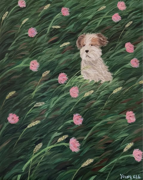 This is a painterly, illustrative artwork featuring a small, fluffy dog with white and light brown fur as the central subject, sitting amidst a dense, tall field of dark green grass. The composition is filled with the sweeping, diagonal lines of the grass blades, interspersed with numerous pink, tulip-like flowers and stalks of golden wheat, creating a rich, textured tapestry. The visual aesthetic is distinctly painterly, with visible, expressive brushstrokes that give the grass and fur a tactile, layered quality. The color language is dominated by deep, cool greens in the grass, contrasted with soft, warm pinks in the flowers and the dog's creamy fur, with golden wheat accents adding warmth; the saturation is moderate, creating a naturalistic yet stylized palette. Lighting appears soft and diffused, with no harsh shadows, contributing to a gentle, serene mood. Texture is a key element, with the rough, directional strokes of the grass contrasting with the softer, fluffier rendering of the dog's coat. The composition uses a slightly high-angle perspective, immersing the viewer in the field and emphasizing the dog's small scale within the lush environment. The shape language is primarily organic, with flowing, curved lines defining the grass and flowers, and soft, rounded forms for the dog. The overall mood is peaceful and whimsical, evoking a quiet moment in nature. In the bottom right corner, there is visible text that reads 'YOUNG LEE' in a simple, white, sans-serif font, which appears to be the artist's signature.
