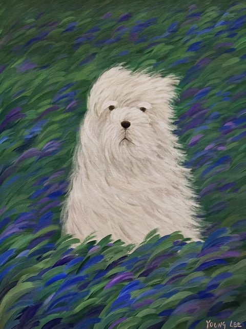 The image is a painterly, illustrative artwork centered on a fluffy, white dog, likely a breed such as a Coton de Tulear or Maltese, positioned amidst a dense, swirling field of foliage. The composition is tightly framed, with the dog occupying the central vertical axis, its form emerging from the surrounding environment which fills the entire canvas. The visual aesthetic is characterized by expressive, visible brushstrokes that create a textured, almost impressionistic feel, with the dog's fur rendered in soft, flowing strokes of cream and off-white, while the background consists of dynamic, swirling strokes of deep greens, blues, and purples that suggest tall grass or flowers in motion. The color language is dominated by a cool palette of emerald green, cobalt blue, and violet, contrasted by the warm, neutral tones of the dog's fur, with moderate saturation and a soft, blended contrast that avoids harsh edges. The lighting appears diffuse and ambient, casting no strong directional shadows, which contributes to a gentle, serene mood. Texture is a key element, with the thick, impasto-like application of paint creating a tactile, almost three-dimensional surface quality, especially in the background's swirling patterns. The composition uses a shallow depth of field effect, with the dog in relatively sharp focus against the more abstract, motion-blurred background, drawing the viewer's eye directly to the subject. Shape language is predominantly organic, with flowing, curvilinear lines defining both the dog's fur and the surrounding foliage, and edges are soft and blended rather than crisp. The overall mood is tranquil and whimsical, evoking a sense of peaceful solitude. In the bottom right corner, there is visible text reading 'YOUNG LEE' in a simple, handwritten-style script, which appears to be the artist's signature, rendered in a light color that contrasts subtly with the dark background.