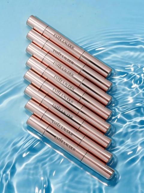 This image features a high-angle, top-down view of eight identical Estée Lauder cosmetic tubes arranged in a staggered, overlapping diagonal line across a surface of rippling, clear blue water. The tubes are rendered in a photorealistic style with a sleek, metallic rose-gold finish, each displaying the brand name 'ESTÉE LAUDER' in a clean, black, sans-serif font printed horizontally along their length. The composition is dynamic yet orderly, with the diagonal arrangement creating a sense of movement against the fluid, organic ripples of the water below. The lighting is bright and directional, coming from the upper left, casting soft, elongated shadows to the right and creating sharp, white specular highlights on the curved metallic surfaces and the water's surface, emphasizing their glossy, reflective textures. The color palette is dominated by the cool, vibrant cyan and cerulean tones of the water, which contrast sharply with the warm, reflective rose-gold of the tubes, creating a fresh, luxurious, and summery mood. The water's surface is in soft focus, while the tubes are sharply detailed, drawing the viewer's eye to the product. The overall atmosphere is clean, refreshing, and aspirational, with the water element suggesting hydration and purity.