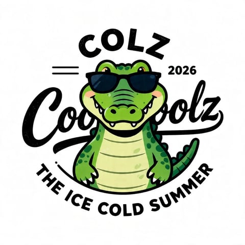 The image features a centered, cartoon-style illustration of a green alligator or crocodile as the main subject, presented in a circular, badge-like composition against a plain white background. The alligator is depicted from the chest up, facing forward with a wide, toothy grin, wearing dark sunglasses, and has a light green belly with darker green spots on its back and tail. The visual aesthetic is flat and illustrative, resembling a graphic t-shirt design or logo, with clean, bold black outlines defining all shapes. The color language is vibrant and saturated, dominated by various shades of green for the reptile, complemented by the black of the text and sunglasses, and subtle peachy-pink blush marks on its cheeks. Lighting is implied through simple shading on the alligator's belly and under its chin, creating a soft, flat sense of volume without strong directional light. The texture is smooth and graphic, with no realistic surface detail, giving it a playful, digital vector art feel. The composition is tightly framed within the circular text arrangement, creating a balanced, self-contained emblem. Shape language combines organic, rounded forms for the character with bold, flowing script and blocky sans-serif typography. The mood is fun, energetic, and summery, conveyed by the character's cool demeanor and the accompanying text. The visible text includes 'COLZ' in a distressed, blocky font arched at the top; '2026' in a smaller, clean sans-serif font to the right of the alligator's head; 'Coolz' in a large, flowing, cursive script that wraps around the middle of the character; and 'THE ICE COLD SUMMER' in a bold, uppercase sans-serif font curved along the bottom. The text is integral to the design, framing the subject and establishing a brand or event identity.