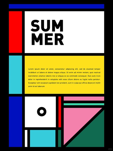 This image is a bold, geometric abstract composition in the style of De Stijl or Mondrian-inspired modernism, structured as a grid of rectangular and triangular color blocks separated by thick black lines. The overall layout is vertical, with a dominant central white rectangle containing large, bold, black sans-serif text that reads 'SUMMER' stacked as 'SUM' above 'MER'. Below this, a large yellow rectangle contains a block of placeholder 'Lorem ipsum' text in a smaller black sans-serif font, serving as a body copy area. The composition is divided into distinct color fields: a vertical red rectangle on the upper left, a cyan rectangle below it, and a deep blue rectangle at the bottom left. The lower right section features a dynamic arrangement of shapes including a pink horizontal bar, a cyan horizontal line, a large pink triangle, and a dark green triangle, creating diagonal movement. A small white square with a black circular ring motif sits in the lower center, flanked by a thin red vertical bar and a small cyan rectangle. The color palette is highly saturated and primary-focused, with vivid red, blue, yellow, cyan, pink, and green against stark white and black, creating high contrast and a flat, graphic aesthetic with no gradients or textures. The lighting is uniform and flat, typical of vector or graphic design, with no directional shadows or depth cues. The mood is energetic, modern, and playful, with a strong sense of order and visual rhythm derived from the rigid grid structure and bold color blocking.