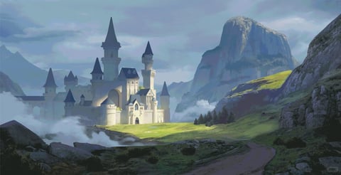 The image presents a grand fantasy castle set within a vast mountain valley, composed with a strong sense of depth. In the midground, the primary subject is a sprawling, light-colored stone castle featuring multiple towers with dark, conical roofs, arched gateways, and fortified walls, situated on a sunlit grassy plateau. The foreground consists of a rocky, uneven terrain with a winding dirt path leading toward the castle, partially obscured by low-lying mist and shadowed boulders. The background is dominated by towering, rugged mountain peaks under a partly cloudy sky, with the largest cliff face catching the sunlight. The scene is illuminated by directional daylight, creating bright highlights on the castle's western-facing walls and the grassy slopes, while casting deep shadows in the valleys and foreground rocks, with atmospheric haze and fog softening the distant mountains and pooling in the lower areas, contributing to a serene yet majestic mood. There is no obvious readable text present in the image. The spatial composition uses atmospheric perspective, with the detailed, darker foreground leading the eye to the brightly lit castle in the midground, and then to the hazy, monumental mountains in the far background. The color environment is dominated by cool blues and greys in the sky and shadows, contrasted with warm, sunlit greens on the grass and the pale cream of the castle stone. Key architectural elements include pointed spires, cylindrical towers, and a large arched entrance, while the natural environment features coniferous trees on the slopes, rocky outcrops, and grassy fields. Textures range from the rough, craggy rock faces and uneven dirt path to the smooth, rendered stone of the castle walls and the soft, diffuse quality of the mist. The emotional tone conveys a sense of epic scale, tranquility, and fairy-tale grandeur, suggesting a remote and protected sanctuary.