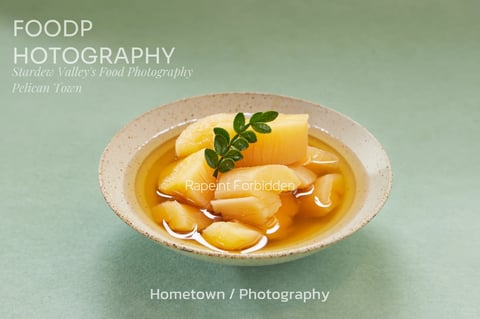 The image presents a photorealistic, high-detail food photography shot of a dessert, centered in a shallow, speckled ceramic bowl against a smooth, muted sage-green background. The main subject is a serving of golden, translucent fruit chunks, likely poached pears or apples, submerged in a clear, amber-colored syrup, garnished with a small sprig of fresh green leaves. The composition is a centered, slightly high-angle close-up, creating a clean, minimalist aesthetic with a shallow depth of field that softens the background. The lighting is soft and diffused, appearing to come from the upper left, casting gentle highlights on the syrup's surface and the fruit's wet texture, while creating subtle, soft shadows that enhance the three-dimensionality of the bowl and its contents. The color palette is warm and natural, dominated by the golden-yellow of the fruit, the rich amber of the syrup, and the earthy beige of the bowl, all set against the cool, calming green backdrop, with high saturation on the food itself and lower saturation in the surroundings. The texture is highly tactile, emphasizing the glossy, wet surface of the syrup, the fibrous yet soft appearance of the fruit, and the matte, slightly rough ceramic of the bowl. Visible text includes 'FOODP HOTOGRAPHY' in large, white, sans-serif font at the top left, with smaller, italicized text below reading 'Stardew Valley's Food Photography' and 'Pelican Town'. Centered over the food is the semi-transparent watermark 'Rapeint Forbidden', and at the bottom, the text 'Hometown / Photography' appears in white. The overall mood is serene, appetizing, and professionally styled, evoking a sense of rustic, homemade comfort with a polished, editorial finish.