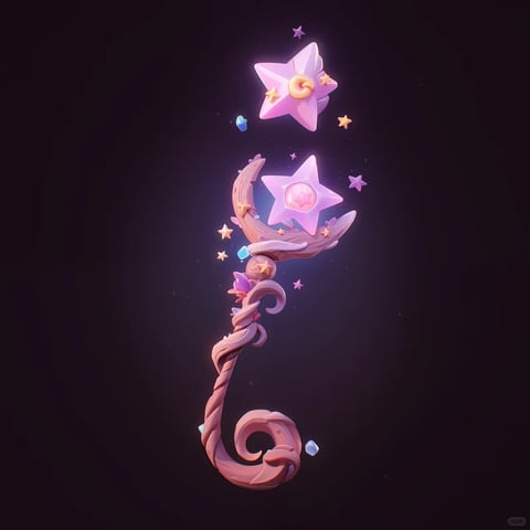 The image features a stylized, ornate magical wand or scepter as the central subject, set against a dark, gradient background that transitions from deep purple to near-black, creating a focused, ethereal atmosphere. The composition is vertical and centered, with the item appearing to float, surrounded by small, glowing star and gem accents that enhance its magical theme. The wand's form is characterized by a twisted, organic handle that curls into a spiral at the base, resembling carved wood or polished stone with a smooth, matte finish in soft pink and lavender hues. The upper section branches into a crescent-shaped cradle that holds a large, five-pointed star made of a translucent, glossy material with a pink gemstone at its center, while a smaller, detached star floats above, featuring a golden spiral emblem. Decorative details include tiny gold stars, blue and purple gemstones, and delicate floral or vine-like embellishments along the handle, all rendered with a soft, glowing finish that suggests magical luminescence. There is no visible text in the image. The style is highly stylized and fantastical, with a whimsical, game-inspired aesthetic that emphasizes curves, pastel colors, and magical functionality, implying use in a fantasy setting or as a decorative prop for a character.