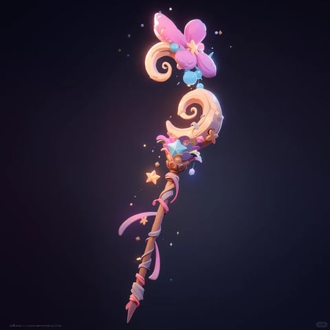 The image presents a single, stylized magical staff or wand, centered vertically against a dark, gradient background that transitions from deep indigo to near-black, creating a floating, ethereal composition. The main subject is an ornate, fantasy-themed item with a prominent, sculptural head featuring a large, stylized pink flower or butterfly-like form with soft, rounded petals, adorned with small blue orbs and a central yellow star. Below this, a large, cream-colored, scroll-like spiral element curves gracefully, leading down to a central blue gemstone set in a golden, floral-accented mount. The shaft is slender, wrapped spirally with alternating pink and white ribbons or fabric strips, and is dotted with small, glowing golden stars. The entire item emits a soft, magical glow with sparkling particle effects around it. There is no clear readable text or language script visible anywhere in the image. The form is organic and curvilinear, with soft, rounded edges and a whimsical, cartoonish silhouette that suggests a medium-sized handheld prop. Materials appear to be a mix of smooth, matte surfaces (like the cream scroll and pink petals), glossy finishes (on the blue gemstone and orbs), and a textured, fabric-like wrapping on the shaft. Construction details include seamless joins between decorative elements, with the gemstone and floral accents appearing as inlaid or mounted components. The color palette is warm and pastel, dominated by soft pinks, creamy yellows, and light blues, with golden highlights and deep purple shadows, creating a gentle, magical finish. Functional cues are minimal, but the wrapped shaft suggests a grip, and the ornate head implies a focus for magical energy. The style is highly stylized, leaning towards a cute, fantasy aesthetic reminiscent of anime or video game art, with an ornate yet playful design. Context signals are absent beyond the dark void background, implying the item is a standalone prop or asset, likely intended for a fantasy setting or character.