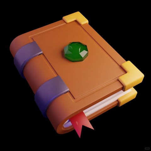 The image features a stylized, 3D-rendered book as the sole subject, centered against a solid black background in a close-up, angled composition that emphasizes its three-dimensional form. The book has a warm, terracotta-orange cover with a matte finish, accented by two thick, purple spine bands, bright yellow corner protectors, and a large, faceted emerald-green gem set in the center of the front cover. A vibrant red ribbon bookmark protrudes from the bottom edge. There is no visible text or readable words on the book or in the scene. The visual aesthetic is a clean, illustrative 3D style with smooth, rounded edges and a slightly soft, plastic-like material rendering. The color language is vibrant and saturated, dominated by warm oranges and yellows contrasted with cool purples and a vivid green gem, all set against the deep black void. Lighting is soft and directional, coming from the upper left, creating gentle highlights on the book's curved spine and the gem's facets while casting soft shadows that enhance its volume and depth. The composition uses a dynamic diagonal tilt to create visual interest, with the book occupying most of the frame. Shape language combines soft, organic curves on the spine and edges with the sharp, geometric facets of the central gem. The overall mood is playful, magical, and inviting, with a tactile, toy-like quality that suggests a fantasy or game asset.