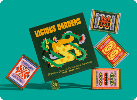 The image showcases a collection of board game boxes and cards arranged dynamically against a solid teal background, centered around the main game box titled "VICIOUS GARDENS" which features a stylized illustration of a figure entangled in thorny vines, rendered in a flat, graphic art style with bold, saturated colors including deep green, bright yellow, and orange accents. The text "VICIOUS GARDENS" appears in large, playful yellow letters at the top, with the subtitle "A Devious Game of Horticultural Supremacy" in elegant cursive below, alongside player count and age information. Surrounding the main box are four smaller expansion packs: "FANCY PLANTS" with a pink and white floral motif, "NOXIOUS WEEDS" with a dark, symmetrical pattern in red and yellow, "CRUEL SUMMERS" featuring bright yellow sun illustrations, and "CHAOS CRITTERS" displaying a colorful, abstract creature design; each box includes readable English text describing its contents, such as "7 NEW CARDS WITH SECRET GOALS" or "AN EXPANSION FOR VICIOUS GARDENS." The lighting is even and soft, casting subtle shadows that give the objects a slight 3D lift without harsh contrast, enhancing the tactile, physical quality of the printed materials. The composition is asymmetrical but balanced, with the main box tilted slightly and the expansions scattered around it, creating a sense of playful disorder. The shape language combines organic, curvilinear forms in the illustrations with the sharp, geometric edges of the boxes, while the overall mood is whimsical, vibrant, and inviting, evoking a sense of creative, strategic fun.