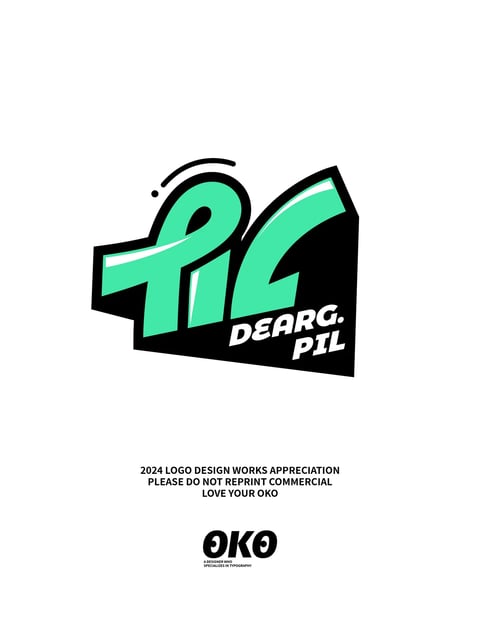 The image presents a bold, illustrative logo design centered on a stark white background, showcasing a stylized, abstract typographic mark in mint green with a thick black outline and a sharp, angular black shadow that gives it a dynamic, three-dimensional pop-out effect. The main subject is a custom letterform or symbol that resembles a combination of a 'P' and a 'G' or '2', rendered with smooth curves and sharp, geometric angles, accented by a small curved line and dot above it, suggesting a playful, cartoonish energy. Visible text includes the words 'DEARG. PIL' in a bold, sans-serif, white typeface set against the black shadow area, and below the main logo, smaller black text reads '2024 LOGO DESIGN WORKS APPRECIATION PLEASE DO NOT REPRINT COMMERCIAL LOVE YOUR OKO' followed by a secondary logo 'OKO' with the tagline 'A DESIGNER WHO SPECIALIZES IN TYPOGRAPHY'. The visual aesthetic is flat yet dimensional due to the heavy drop shadow, employing a high-contrast color palette of vibrant mint green, deep black, and crisp white, with no gradients or complex textures, emphasizing clean lines and solid fills. The composition is centered and balanced, with the primary logo dominating the upper half and the supporting text anchoring the lower half, creating a clear hierarchy. The shape language is a mix of organic curves and hard geometric edges, with consistent line weights in the outlines, contributing to a modern, streetwear-inspired or sticker-art mood that feels energetic, confident, and graphically punchy.