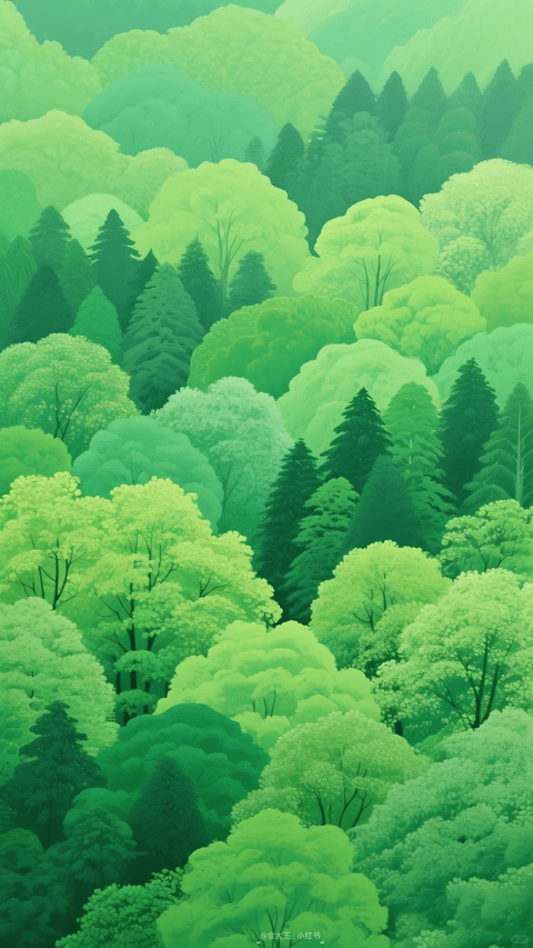 This image is a dense, vertically oriented illustrative painting of a lush forest canopy, dominated by a layered composition of trees that fills the entire frame from foreground to background. The main subject is a stylized, abundant woodland scene composed of rounded deciduous trees with soft, cloud-like foliage and interspersed pointed conifer trees, creating a pattern-like visual rhythm. There is no obvious readable text, aside from a faint, small watermark in the bottom center containing Chinese characters and the logo '小红书' (Xiaohongshu), which serves as a platform attribution. The visual aesthetic is painterly and illustrative, with a soft, digital rendering technique that emphasizes organic shapes and avoids harsh photorealism. The color language is monochromatic, built entirely around a saturated, cool-to-warm green palette, ranging from pale mint and chartreuse highlights to deep forest green and teal shadows, with high saturation and low contrast between adjacent tones. The lighting approach is diffuse and ambient, with no strong directional source, creating an even, soft glow that suggests a misty or overcast atmosphere. Texture and material feel are smooth and velvety, with foliage rendered as blended masses rather than individual leaves, giving a plush, tactile quality. Composition patterns are all-over and immersive, with stacked, overlapping forms creating depth through color layering and size variation, where larger, lighter trees in the foreground gradually recede into smaller, darker forms. Shape language is predominantly organic, featuring rounded, billowing canopies contrasted with sharp, triangular conifers, all with soft edges and no hard lines. The mood and atmosphere are serene, tranquil, and ethereal, evoking a sense of calm, natural abundance with a low-energy, meditative visual weight.