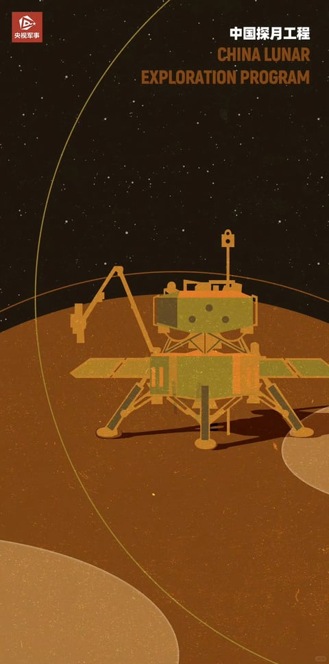 The image is a stylized, illustrative poster for China's lunar exploration program, featuring a central, geometric lander vehicle rendered in a textured, retro-futuristic style. The composition is dominated by a dark, star-speckled space background above a curved, warm amber-brown lunar surface, with a faint golden orbital arc sweeping across the frame. The lander itself is constructed from blocky, angular shapes in a palette of muted olive greens, warm golds, and ochre, with a prominent robotic arm extended to the left and a vertical antenna mast on top. In the upper right corner, white Chinese characters '中国探月工程' sit above the English text 'CHINA LUNAR EXPLORATION PROGRAM' in a bold, sans-serif, golden-brown font, serving as the title. The upper left corner contains a small red logo with white text reading '央视军事'. The visual aesthetic is flat yet textured, resembling a vintage screenprint or risograph with a noticeable grainy, speckled overlay, avoiding photorealism for a graphic, symbolic feel. The color language is limited and warm, dominated by earthy browns, golds, and muted greens against the deep, dark charcoal of space, with high contrast between the luminous surface and the void. Lighting is implied rather than realistic, with the lander casting a sharp, dark shadow to its right, suggesting a strong, directional light source from the upper left. The texture is uniformly grainy across all elements, giving a tactile, sandy, or dusty impression. Compositionally, the lander is centrally placed on the lower two-thirds of the image, with the curved horizon and orbital line creating dynamic movement and depth. Shape language is highly geometric and angular for the technological elements, contrasting with the smooth, organic curve of the planetary surface. The mood is one of serene, majestic ambition and vintage scientific optimism, conveying a sense of quiet, monumental achievement in the vastness of space.