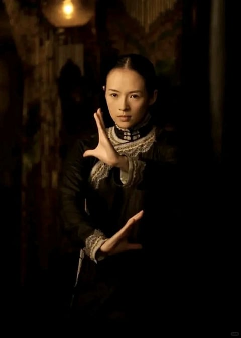 This is a cinematic portrait image featuring a woman in a martial arts stance as the central subject, positioned slightly off-center within a dimly lit, narrow interior corridor. The composition uses a medium shot with a shallow depth of field, rendering the background textures of brick walls and hanging fabrics into soft, dark blurs that frame her figure. The visual aesthetic is photorealistic with a dramatic, painterly quality achieved through high-contrast lighting and rich tonal gradations. The color language is dominated by a warm, low-key palette of deep umber, shadowy blacks, and burnished golds, punctuated by the crisp white of lace details; saturation is subdued overall, with contrast heavily emphasized between illuminated skin and clothing against the enveloping darkness. Lighting is directional and hard, originating from a single overhead source that casts sharp shadows, highlighting the planes of her face, her outstretched hands, and the intricate textures of her attire, creating a mood of focused intensity and dramatic tension. Texture and material rendering are highly detailed: the smooth, luminous skin contrasts with the crisp, delicate lace of her collar and cuffs, the matte darkness of her long-sleeved garment, and the rough, blurred brickwork in the background. The shape language combines the organic, fluid lines of her posed hands and facial features with the geometric rigidity of the architectural elements and clothing seams, all rendered with soft edge treatment in the out-of-focus areas. There is no obvious readable text present in the image. The mood and atmosphere convey a sense of disciplined power, solemn concentration, and historical gravitas, with significant visual weight anchored on the subject's intense gaze and purposeful gesture.
