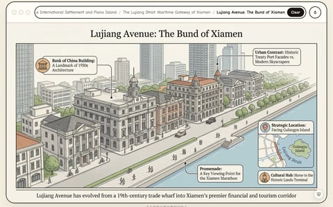 This is an illustrative isometric-style diagram depicting Lujiang Avenue as the 'Bund of Xiamen,' presented within a web browser interface. The main scene is an exterior urban waterfront environment, showcasing a row of historic Western-style buildings along a promenade adjacent to a body of water, contrasted against modern skyscrapers in the background. The composition uses an angled, slightly elevated perspective to create depth, with the historic architecture and promenade in the midground, the water in the immediate foreground, and the contemporary city skyline receding into the background. The lighting is bright and even, suggesting daytime, with soft, minimal shadows, creating a clean, informative, and slightly stylized mood. The color environment is dominated by muted, earthy tones for the historic buildings (beiges, browns, terracotta), contrasted with cool grays for the modern towers, and a pale blue for the water and sky. Key elements include the prominent Bank of China Building with its classical columns and dome, labeled as a 'Landmark of 1930s Architecture,' other ornate facades representing a historic treaty port, a wide promenade with small illustrated figures and vintage cars, and modern high-rises behind. Text labels in English, such as 'Urban Contrast: Historic Treaty Port Facades vs. Modern Skyscrapers,' 'Strategic Location: Facing Gulangyu Island' (with a small map inset), 'Promenade: A Key Viewing Point for the Xiamen Marathon,' and 'Cultural Hub: Home to the Historic Lundu Terminal,' are integrated via leader lines to annotate specific features. The overall texture is smooth and graphic, characteristic of an infographic, with clear delineation between architectural forms. The emotional tone is one of historical pride and urban dynamism, emphasizing the area's evolution and strategic importance.