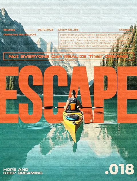The image is a vertically oriented, highly stylized composite artwork blending photorealistic landscape elements with bold, graphic typography. The central subject is a person in a yellow kayak, viewed from behind, paddling on a serene, turquoise lake surrounded by towering, forested mountains under a bright sky. The composition is anchored by large, textured, orange block letters spelling "ESCAPE" that overlay the middle ground, creating a layered, collage-like depth where the landscape and subject are visible through and around the typography. The visual aesthetic is a hybrid of photographic realism and graphic design, with a slightly desaturated, vintage filter applied to the natural elements, giving them a textured, almost painted or lithographic quality. The color language is dominated by a cool palette of teal water and blue-green mountains, sharply contrasted by the warm, saturated orange of the text and the kayak. Lighting appears to be bright, diffused daylight, casting soft reflections on the water and creating a calm, open atmosphere. Texture is a key element, with a subtle, paper-like grain overlaying the entire image, unifying the photographic and graphic components and adding a tactile, printed feel. Compositionally, the image uses a central perspective, with the kayak leading the eye into the distance, framed by the imposing typography and natural landscape, creating a strong sense of depth and invitation. Visible text includes the large orange "ESCAPE"; above it, in a smaller orange box, the phrase "Not EVERYONE Can REALIZE Their DREAMS"; and at the top, metadata-like text including "Saturday 06/12/2025", "Dream No. 256", and "Chapter 3". At the bottom, the text "HOPE AND KEEP DREAMING" appears in white, and ".018" in large white numerals. There is also a faint, distressed block of illegible text in the upper right quadrant. The text functions as a narrative and stylistic element, framing the scene as a conceptual or aspirational piece. The overall mood is one of adventurous serenity and contemplative aspiration, blending the tranquility of nature with a bold, graphic statement about dreams and escape.