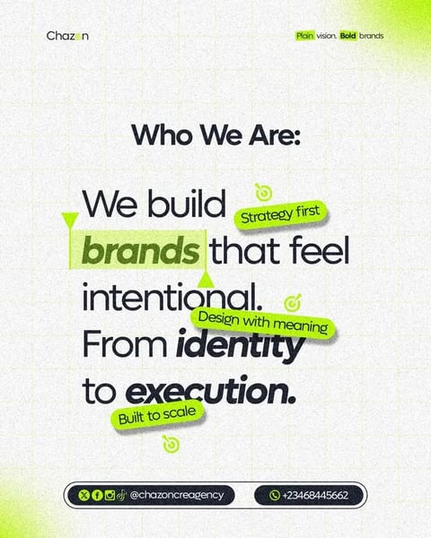 This image is a vertically oriented graphic design piece with a textured, off-white background resembling handmade paper or fine canvas, creating a tactile, organic base. The composition is centered around typographic elements in a modern, sans-serif font, primarily in black, with strategic lime-green highlights used for emphasis and annotation. The main headline reads 'Who We Are:' followed by a declarative statement: 'We build brands that feel intentional. From identity to execution.' Key words like 'brands', 'identity', and 'execution' are emphasized through bolding or italicization. Smaller, rounded rectangular annotations in a vibrant lime-green color with drop shadows contain supplemental phrases like 'Strategy first', 'Design with meaning', and 'Built to scale', each paired with a small, target-like icon. The top left corner features the logo 'Chazən', and the top right has the tagline 'Plain vision. Bold brands', with the word 'Bold' highlighted in lime green. A black, pill-shaped bar at the bottom contains social media icons, the handle '@chazoncreagency', and a phone number. The visual aesthetic is clean, contemporary, and editorial, utilizing a flat design style with subtle depth effects (drop shadows) on the green elements. The color language is minimalist, dominated by the neutral off-white and black, with the electric lime-green serving as a high-contrast, energetic accent that guides the viewer's eye. The lighting appears even and diffuse, contributing to the flat, graphic quality. The texture of the background provides a subtle, organic counterpoint to the crisp, geometric typography and vector elements. The composition is balanced and structured, using alignment and color blocking to create hierarchy. The overall mood is professional, confident, and intentionally designed, conveying a sense of modern branding strategy.