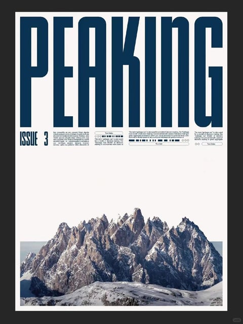 This is a vertical poster or magazine cover with a clean, modern, high-contrast layout. The composition is divided into three distinct horizontal sections: a dominant typographic header, a narrow band of informational text and icons, and a photographic footer. The main visual anchor is the word 'PEAKING' rendered in massive, dark navy blue, condensed sans-serif letters that fill the entire upper third of the frame. The font has extremely tight letter spacing, creating a dense, architectural block of text against an off-white background. Directly below this, aligned to the left, is the text 'ISSUE 3' in a smaller but similarly bold navy blue font. The middle band contains several columns of small, dense body text in English, interspersed with simple infographic elements like horizontal bars, circles, and labeled buttons that read 'Two Options' and 'Garbage Can'. The language is English. The bottom third of the image is a detailed, photographic depiction of a rugged, snow-dusted mountain range. The mountains are captured with sharp clarity, showcasing craggy rock faces with textures of dark stone and bright white snow, under cool, overcast lighting that casts soft, blue-toned shadows. The overall aesthetic is minimalist and graphic, blending brutalist typography with natural photography. The color palette is strictly limited to off-white, dark navy blue, and the natural greys, browns, and whites of the mountain scene. The contrast is high between the bold text and the background. The lighting in the photographic element is soft and diffused, suggesting an overcast day, which creates a calm yet imposing atmosphere. The texture contrasts sharply between the flat, digital smoothness of the typography and the rough, granular detail of the rocky, snowy mountain surfaces. The composition uses a strong horizontal rule of thirds and a clear visual hierarchy, leading the eye from the bold title down through the detailed information to the grounded natural image.