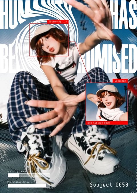 The image presents a dynamic, low-angle composition of a young woman as the central subject, captured in a stylized, futuristic context. She is positioned in a crouching pose, extending one hand forward towards the viewer in a gesture that creates dramatic foreshortening, while her other arm is raised. The composition is layered with graphic elements: a swirling, hypnotic blue-and-white line pattern forms a backdrop behind her upper body, and large, fragmented white typography reading 'HAS BEEN COMPROMISED' is integrated into the background, partially obscured. The visual aesthetic is a hybrid of photorealistic portraiture and graphic, sci-fi interface design, rendered with high contrast and sharp detail. The color language is dominated by cool tones—deep blues, slate greys, and stark whites—punctuated by the warm tones of the subject's skin, her chestnut hair, and the gold laces of her sneakers. Lighting is hard and directional, coming from the upper left, casting defined shadows that accentuate the contours of her face and the folds of her clothing, contributing to a tense, alert mood. Texture is vividly rendered, from the smooth skin and glossy hair to the rough weave of her blue-and-white plaid trousers, the matte fabric of her white t-shirt with a small graphic, and the complex, multi-panelled construction of her chunky white sneakers with metallic accents. The composition uses depth effectively, with the foreground hand and shoes appearing large and close, while her face and the background recede, all overlaid with digital graphic elements. Shape language mixes the organic forms of the human figure with the sharp geometric lines of the graphic overlays and the repetitive circular patterns in the background. Visible text includes the fragmented background phrase 'HAS BEEN COMPROMISED', red interface boxes with '[Scanning...]' near the subject's face and 'Detected' / 'Test Subject 0058' framing a smaller inset photo of the same subject smiling, and technical readouts at the bottom left ('scanning neural activity...', 'Processing data...') and bottom right ('Subject 0058'), all in a clean, sans-serif font, reinforcing a theme of surveillance or digital analysis. The overall mood is energetic, cybernetic, and slightly ominous, blending street fashion with a narrative of technological intrusion.