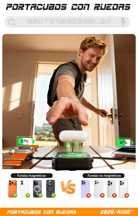 This photorealistic marketing image features a man smiling as he opens a door, reaching out to interact with a multi-device wireless charging station on a wooden table. The composition uses a dynamic, slightly low-angle shot with a shallow depth of field, focusing on the charging setup in the foreground while the man and sunlit room softly blur into the background. The primary visual elements include the central black, rectangular charging hub emitting green energy beams to levitate and charge a white wireless earbud case, alongside a smartwatch and smartphone connected by cables, each overlaid with green battery icons showing 37% and 67% charge. The dominant color palette is warm and natural, with golden sunlight streaming in, creating strong directional light and long shadows; the scene is accented by vibrant green charging graphics and the bright orange of the watch strap. Text appears in multiple places: at the top, large stylized black text reads 'PORTACUBOS CON RUEDAS'; below it, a search bar contains Chinese characters '搜索以下亚马逊精品案例核心卖点'; and at the bottom, labels in Spanish 'Fundas magnéticas' and 'Fundas no magnéticas' with corresponding checkmarks and X's on phone case examples, contrasting magnetic versus non-magnetic compatibility. The lighting is hard and directional from the left window, conveying a bright, energetic, and modern morning atmosphere, while the smooth, matte textures of the tech products contrast with the organic grain of the wooden table.