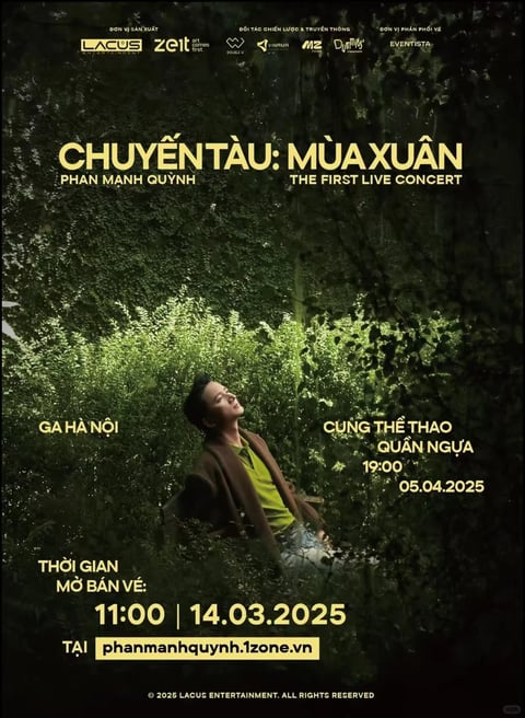 The image is a photorealistic concert poster with a strong, cinematic aesthetic. The composition features a central male figure, identified by text as musician Phan Manh Quynh, seated and gazing upward into a dense, lush green forest canopy that fills the entire background and foreground, creating a sense of depth and enclosure. The color language is dominated by rich, saturated greens ranging from deep, shadowy emerald to vibrant, sunlit lime, contrasted with the warm brown and olive tones of the subject's clothing. Lighting is directional and naturalistic, appearing to filter down through the foliage as dappled sunlight, casting soft highlights on the subject's face and shoulders while leaving much of the scene in deep, moody shadow, creating a contemplative and serene atmosphere. Text elements are integrated into the composition in a clean, sans-serif, golden-yellow font. The main title at the top reads "CHUYỂN TÀU: MÙA XUÂN" with "PHAN MANH QUỲNH" and "THE FIRST LIVE CONCERT" below it. Location details "GA HÀ NỘI" and "CUNG THỂ THAO QUÂN NGỰA" flank the subject, with the date "05.04.2025" and time "19:00" below the right-side text. At the bottom, ticket sale information states "THỜI GIAN MỞ BÁN VÉ: 11:00 | 14.03.2025" and a website URL "TẠI phanmanhquynh.1zone.vn" is highlighted in a yellow box. The overall visual style combines organic, natural textures with clean, modern graphic typography to create an elegant and immersive mood.