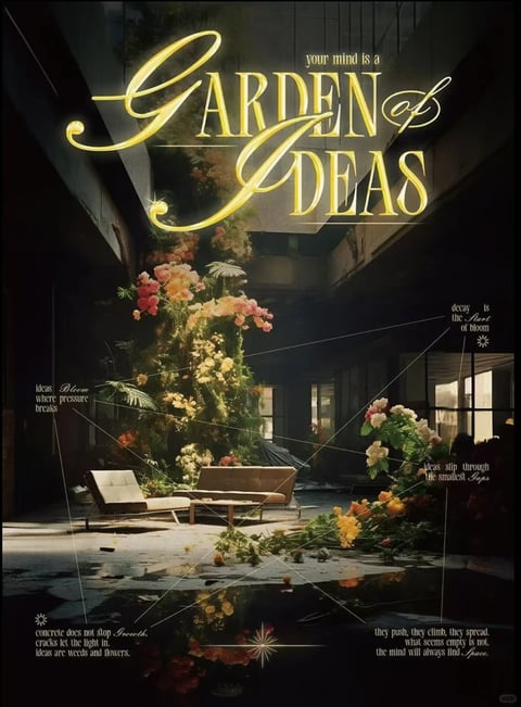 This is a photorealistic 3D render of a surreal, overgrown interior space where a massive, vertical column of vibrant flowers and greenery bursts through the concrete floor and ceiling of a dark, dilapidated atrium. The composition is centered on this floral eruption, framed by stark, geometric concrete walls and a glass-paneled ceiling that allows soft, diffused light to spill down, creating a dramatic chiaroscuro effect. The color palette is dominated by deep, desaturated charcoals and shadowy blues in the architecture, which starkly contrast with the highly saturated, warm blooms of pink, peach, yellow, and cream, along with the rich, varied greens of the foliage. The lighting is directional, primarily from above, casting soft shadows and highlighting the textures of the crumbling concrete, the smooth, modernist white lounge furniture below, and the delicate, organic surfaces of the flowers. Text appears in elegant, ornate, golden serif typography at the top, reading 'your mind is a GARDEN of IDEAS,' and is scattered throughout the image in a smaller, white serif font with connecting lines, stating phrases like 'ideas bloom where pressure breaks,' 'decay is the root of bloom,' 'concrete does not stop growth,' and 'ideas are weeds and flowers,' integrating the text as a conceptual graphic element. The overall mood is one of serene, resilient beauty emerging from decay, with a contemplative and inspirational atmosphere.