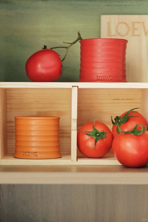 The image is a still-life composition featuring a wooden shelf with two compartments, styled in a minimalist, art-directed aesthetic. The main subjects are two ceramic pots, one red and one orange, each with a ribbed texture and the word 'LOEWE' embossed near the base, alongside vibrant red tomatoes—one single tomato with a stem placed above the red pot, and a cluster of three tomatoes in the bottom-right compartment. Visible text includes the word 'LOEWE' in a simple, sans-serif font embossed on both pots, and partially visible large, faded letters 'LOE' on a light-colored wooden block in the upper-right background, suggesting a brand reference. The visual aesthetic is photorealistic with a soft, painterly quality, reminiscent of a vintage or analog photograph, achieved through a slightly muted color palette and subtle grain. The color language is dominated by warm, saturated reds and oranges for the pots and tomatoes, contrasted with the natural pale wood of the shelf and a muted, desaturated green background. Lighting is soft and directional, appearing to come from the left, casting gentle shadows that define the ribbed textures of the pots and the rounded forms of the tomatoes, creating a calm, warm, and slightly nostalgic mood. Texture and material feel are emphasized, with the smooth, glossy skin of the tomatoes contrasting the matte, ridged ceramic of the pots and the raw, fibrous grain of the wooden shelf. Compositionally, the image uses a symmetrical, grid-like framing with the shelf dividing the space into clear quadrants, though the arrangement of objects is asymmetrical, creating visual balance through color and shape. Shape language combines the organic, rounded forms of the tomatoes with the geometric, cylindrical pots and the straight lines of the shelf, all rendered with soft edges that contribute to the gentle atmosphere. The overall mood is serene, curated, and tactile, evoking a sense of simple, everyday beauty through a focus on natural materials and vibrant, yet softened, color.