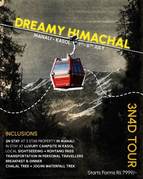 This image is a travel promotional poster with a dark, atmospheric visual aesthetic. The primary subject is a vibrant red gondola cable car suspended against a dramatic backdrop of snow-capped mountain peaks and dense, dark pine forests. The composition is dynamic, with the cable car positioned centrally along a diagonal cable line, creating a strong sense of movement and depth against the layered, misty mountain landscape. The visual style combines photorealistic elements with a gritty, textured overlay, giving it a rugged, adventurous feel. The dominant color palette is muted and cool, featuring deep forest greens, slate grays, and white snow, with the gondola providing a striking pop of saturated red as the main color accent. Lighting appears diffuse and moody, as if under an overcast sky, with soft shadows that enhance the atmospheric perspective. Text is a major element, with large, bold yellow sans-serif text reading "DREAMY HIMACHAL" at the top, angled along the cable line, and "3N4D TOUR" vertically on the right edge. Smaller white text provides details: "MANALI - KASOL", "1ST - 6TH JULY", and a list of "INCLUSIONS" such as "2N STAY AT 3 STAR PROPERTY IN MANALI", local sightseeing, transportation, meals, and specific treks, along with a starting price. The text serves to inform and advertise, using high contrast against the dark background for readability. The overall mood is adventurous, majestic, and slightly mysterious, evoking the rugged beauty of the Himalayas.