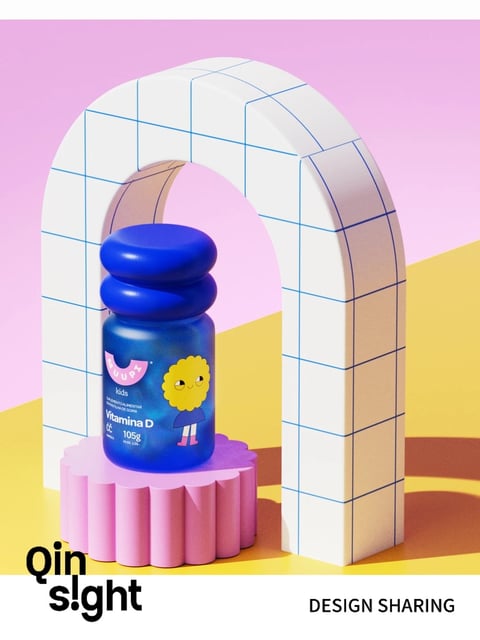 This image is a stylized 3D render of a product presentation, featuring a vibrant blue vitamin bottle as the central subject. The bottle, with a playful, sculptural, double-lobed blue cap, rests on a textured, fluted pink circular pedestal. This arrangement is framed by a large, white architectural arch detailed with a clean blue grid pattern, creating a sense of depth and a staged, showroom-like composition. The background is a simple, two-toned scene with a soft pink upper area meeting a warm yellow lower plane, suggesting a stylized horizon. Visible text on the bottle label includes the brand name 'bumpy' in a pink crescent, 'kids', 'Vitamina D', and '105g', alongside a cute, illustrative character of a yellow, sun-like creature. The overall visual aesthetic is a clean, playful, and modern 3D illustration style, characterized by smooth, matte-rendered surfaces and soft, volumetric lighting that casts gentle, diffused shadows, creating a bright, cheerful, and approachable mood. The color language is defined by a high-contrast, saturated palette of primary blue, bubblegum pink, and sunny yellow, balanced by neutral white. Shape language combines geometric forms (the gridded arch, the fluted base) with organic, rounded forms (the bottle cap, the character), while the composition uses the arch as a framing device to draw focus to the product.