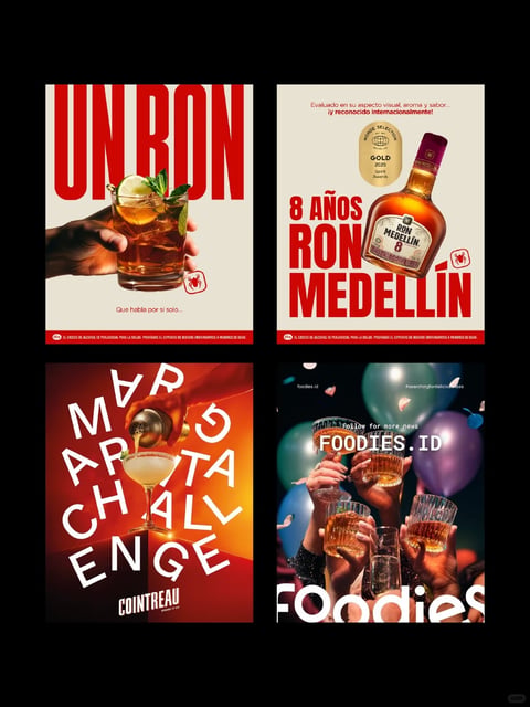 This image is a 2x2 grid collage of four distinct, vertically oriented beverage advertisement posters, each with a vibrant, high-contrast, and modern commercial aesthetic. The top-left poster features a hand holding a rocks glass filled with an amber cocktail garnished with lime and mint against a cream background dominated by large, bold red text reading "UN RON". The top-right poster showcases a bottle of "Ron Medellín 8 Años" rum angled against a cream background, with large red text "8 AÑOS RON MEDELLÍN" and a gold award seal. The bottom-left poster has a dynamic, angled composition with a hand pouring a cocktail from a shaker into a coupe glass against a warm red-orange gradient background; scattered, rotated white text spells "MARGARITA CHALLENGE" with the "COINTREAU" logo at the bottom. The bottom-right poster captures a celebratory scene with multiple hands raising glasses in a toast against a dark background with blurred teal and purple party balloons and confetti, overlaid with white text "FOODIES.ID" and "Follow for more news". All posters employ photorealistic or hyper-realistic rendering with sharp focus on the beverages, dramatic studio lighting that creates strong highlights and shadows, and a rich, saturated color palette emphasizing warm ambers, deep reds, and contrasting cool accents. The compositions are tightly framed, using bold typography and negative space to guide the eye, while textures like condensation on glass, ice cubes, and metallic shakers are rendered with tactile detail to evoke refreshment and premium quality.