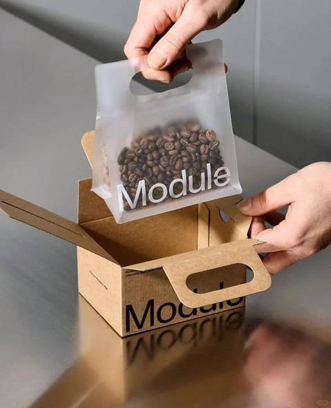 This is a photorealistic, close-up studio photograph focused on a product unboxing or presentation, featuring two hands interacting with coffee bean packaging. The main subject is a semi-transparent, frosted plastic bag filled with medium-roast coffee beans, held by its die-cut handle by one hand, being lifted out of or placed into an open, light brown corrugated cardboard box. The composition is tightly framed, emphasizing the tactile interaction and material contrast between the soft, semi-opaque plastic and the rigid, textured cardboard. The text "Module" is printed prominently on the lower portion of the plastic bag in a clean, bold, sans-serif white typeface, and the same word appears on the side of the cardboard box in a large, bold, black sans-serif font, with smaller, less legible text ("intensely dark") visible on the box's inner flap. The lighting is soft and directional, coming from the upper left, creating gentle gradients on the frosted plastic, subtle shadows within the box, and soft highlights on the hands and the reflective metallic surface below. The color palette is muted and natural, dominated by the warm tan of the kraft cardboard, the dark brown of the coffee beans, the cool, milky white of the frosted plastic, and the neutral tones of the skin, all set against a smooth, grey, reflective background surface. The overall mood is clean, minimalist, and tactile, emphasizing material quality and a modern, understated aesthetic.