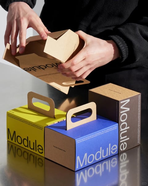 The image is a photorealistic studio photograph focused on modular coffee packaging design. The main subject consists of several paperboard boxes in varying states of assembly, arranged on a dark, reflective metallic surface. In the foreground, three completed boxes sit upright: one with a vibrant yellow side and black text, another with a bright blue side and white text, and a third taller brown kraft box with white text. Each features a cut-out handle made of the same brown kraft material. Above them, a pair of hands in a dark fleece jacket is actively folding a flat, unprinted brown kraft die-cut into a box shape. The composition uses a shallow depth of field, keeping the foreground boxes and the hands in sharp focus while the background is softly blurred. The lighting is directional from the upper left, casting strong, defined shadows that emphasize the three-dimensional forms and the texture of the paperboard. The color language is defined by the contrast between the natural brown kraft, the saturated primary-like yellow and blue, and the dark, cool tones of the surface and jacket. The visible text, primarily the word 'Module' in a bold, clean, sans-serif font, appears on the sides of the boxes, playing a key role in brand identification. Smaller supporting text is also visible on the box panels. The overall visual aesthetic is modern, clean, and tactile, with a focus on material quality and functional design.
