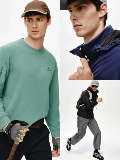 The image is a composite of three studio-shot photographs featuring a single male model showcasing technical outdoor apparel against a seamless white background, creating a clean, commercial moodbook aesthetic. The left panel presents a medium shot of the model wearing a light green crewneck sweatshirt with a small embroidered logo on the chest and text on the left sleeve, paired with black trousers, a brown cap, and grey fingerless gloves with neon green accents, holding a wooden hiking staff. The top right panel is a close-up focusing on the model's profile as he adjusts the collar of a navy blue waterproof jacket with a black mesh lining and white toggle details. The bottom right panel shows a full-body action shot of the model in motion, wearing a black technical jacket, grey trousers, a grey cap, sunglasses, and a light-colored backpack, with chunky black and teal sneakers. The visual aesthetic is photorealistic and editorial, with crisp rendering and high detail. The color language is defined by a muted, earthy palette of sage green, navy, black, and grey, punctuated by deliberate accents of neon green and teal, all rendered with moderate saturation and clean contrast. The lighting is soft and diffused from the front, eliminating harsh shadows to clearly illuminate garment details and textures. Texture and material feel are emphasized, showcasing the matte, soft-knit fabric of the sweatshirt, the smooth, technical weave of the outerwear, and the rugged rubber and mesh of the footwear. Compositionally, the layout uses asymmetrical framing with varying shot distances (medium, close-up, full-body) to highlight both fit and function, with ample negative space focusing attention on the clothing. Shape language combines the organic forms of the model with the geometric, structured lines of the technical apparel and accessories. The overall mood is active, functional, and aspirational, conveying a sense of preparedness and modern outdoor style. Visible text includes 'BIEM.LFEN' printed vertically on the left sleeve of the green sweatshirt and a small, indistinct logo script on its chest, both serving as subtle branding elements.