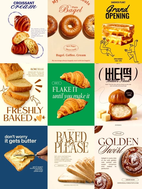 This reference image is a 3x3 grid collage of nine distinct digital advertising posters for a bakery or café, all unified by a cohesive, contemporary graphic design aesthetic centered on artisanal baked goods. The overall composition is a flat, organized grid where each square functions as an individual ad panel, featuring a central product shot against a solid or minimally textured background. The dominant subjects are various breads and pastries, including croissants, bagels, sliced loaves, and filled buns, presented in a photorealistic style with high-definition texture detail that emphasizes flaky crusts, soft crumb interiors, and glossy finishes. The visual aesthetic is clean, modern, and commercial, blending high-quality product photography with bold, stylish typography and occasional playful line-art illustrations. The color language is varied per panel but follows a pattern of using rich, appetizing food tones (golden browns, creamy whites, warm butter yellows) contrasted against vibrant, solid-color backgrounds (deep teal, forest green, mustard yellow, soft cream, and beige). Saturation is generally high for the product imagery to enhance appeal, while backgrounds are often muted or solid to create strong visual separation. Lighting is consistently studio-quality, directional, and soft, creating natural-looking shadows and highlights that give the baked goods a three-dimensional, tangible presence. Texture and material feel are exceptionally detailed, highlighting the crisp, layered lamination of croissants, the chewy surface of bagels, the soft interior of sliced bread, and the smooth, melting quality of butter. Composition patterns are centrally focused within each panel, with the product occupying the visual center, often accompanied by dynamic text placement that follows curved paths or bold blocks to guide the eye. Shape language combines the organic, rounded forms of the baked goods with the clean, geometric lines of typographic layouts and occasional hand-drawn illustrative accents. Mood and atmosphere are warm, inviting, and indulgent, conveying a sense of freshness, comfort, and premium quality. Visible text is abundant and integral to each panel's design, appearing in a mix of English and Korean scripts (e.g., 'CROISSANT cream', 'Plain Bagel', 'Grand OPENING', 'FRESHLY BAKED', 'FLAKE IT until you make it', '(버터 떡) Butter Tteok', 'don't worry it gets butter', 'BAKED PLEASE', 'GOLDEN Swirl'), using a variety of fonts from elegant serifs and scripts to bold sans-serifs, often positioned as a central graphic element or supporting headline to describe the product or promotion. No specific focus guidance is provided, so the analysis treats all panels with equal detail as part of the cohesive moodboard.