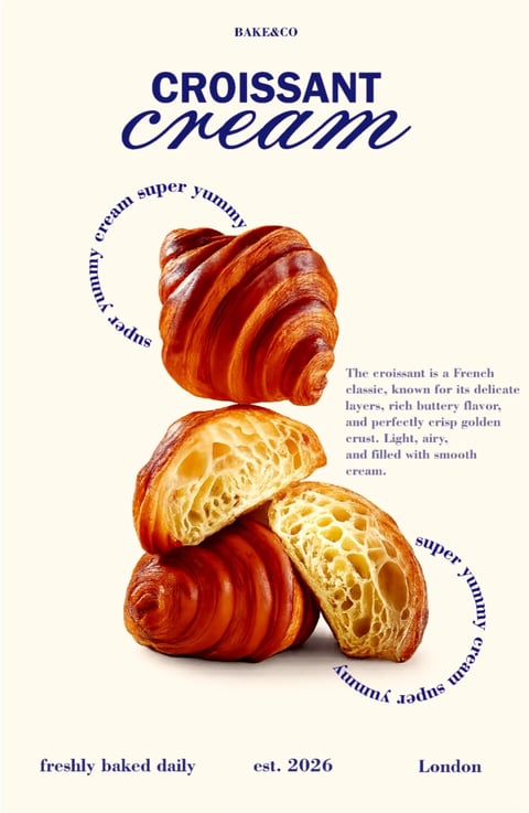 The image is a vertical food advertisement poster for a bakery, featuring a central stack of golden-brown, shiny croissants against a plain, off-white background. The main subject is a carefully arranged composition of three whole croissants and two halves, showcasing both the glossy, layered exterior and the airy, honeycomb-like interior texture. The overall visual aesthetic is photorealistic with a polished, commercial food photography style, emphasizing appetizing appeal. The color language is warm and inviting, dominated by rich amber, golden-yellow, and deep brown tones of the pastries, which contrast sharply with the cool, deep blue typography. Lighting is soft and directional, likely from the top-left, creating gentle highlights on the buttery crust and subtle shadows that give the stack volume and depth. The texture rendering is highly detailed, highlighting the crisp, flaky layers of the pastry and the soft, porous crumb inside. Text elements are integrated into the design: at the top, "BAKE&CO" in a small sans-serif font, followed by the large, bold title "CROISSANT" in a serif font and "cream" in a flowing script font, all in deep blue. Curved text reading "super yummy cream" arcs around the top and bottom croissant clusters. A descriptive paragraph on the right explains the croissant's qualities, while the bottom features "freshly baked daily," "est. 2026," and "London" in a consistent blue serif font. The composition is centered and balanced, using negative space effectively to draw focus to the product. The mood is appetizing, premium, and artisanal, evoking a sense of fresh, high-quality baking.