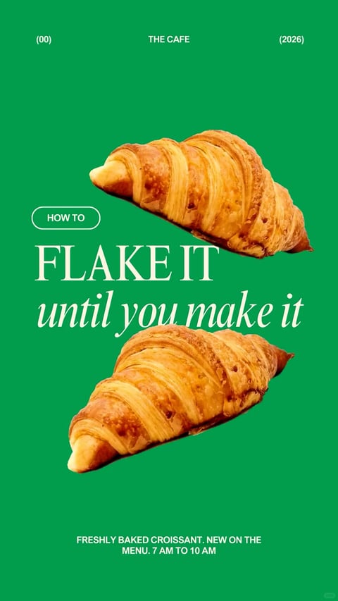 This image is a promotional poster with a minimalist, graphic design aesthetic, featuring a vibrant, flat emerald green background that creates strong contrast with the central subject matter. Two identical, photorealistic croissants are suspended diagonally in the composition, one in the upper-right quadrant and one in the lower-left, creating a balanced, dynamic layout. The croissants are rendered with high detail, showcasing their golden-brown, flaky, layered pastry texture, with visible highlights that suggest a glossy, buttery surface and deep, warm amber shadows that emphasize their volumetric, crescent shape. The lighting appears to be studio-style, coming from the upper left, casting subtle, soft shadows that give the croissants a three-dimensional pop against the flat background. Text is integrated into the design: at the top, small white sans-serif text reads '(00) THE CAFE (2026)'; prominently in the center, the phrase 'HOW TO FLAKE IT until you make it' is displayed, with 'HOW TO' inside a white rounded rectangle outline and 'FLAKE IT' in a large, bold, white serif font, while 'until you make it' is in a smaller, elegant white italic serif font below it; at the bottom, white sans-serif text states 'FRESHLY BAKED CROISSANT. NEW ON THE MENU. 7 AM TO 10 AM'. The overall mood is clean, modern, and appetizing, with a playful tone conveyed by the punning copy, emphasizing freshness and craft through the precise, high-quality food photography juxtaposed with stark, geometric typography.